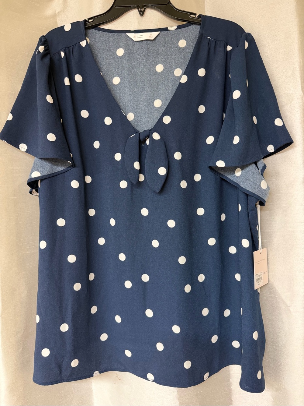 NWT LC Lauren Conrad Navy and White Polka Dot Tie-Neck Blouse